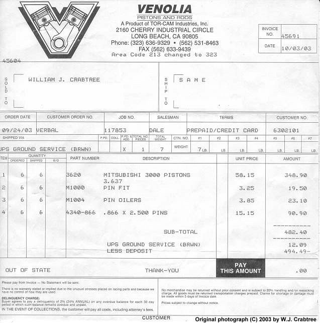 Venolia Forged Piston invoice