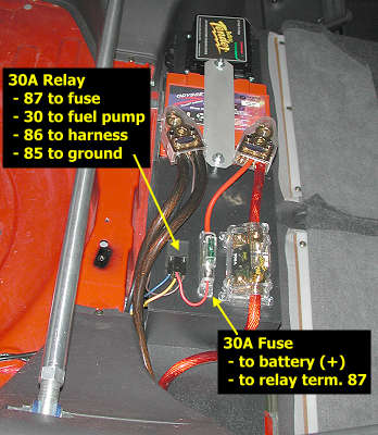 Fuse and relay on the battery shelf